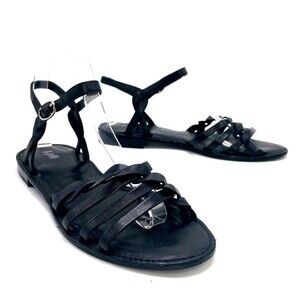 J Jill Women's Strappy Flat Sandal Sz 7.5M Black Leather Buckle Slingback